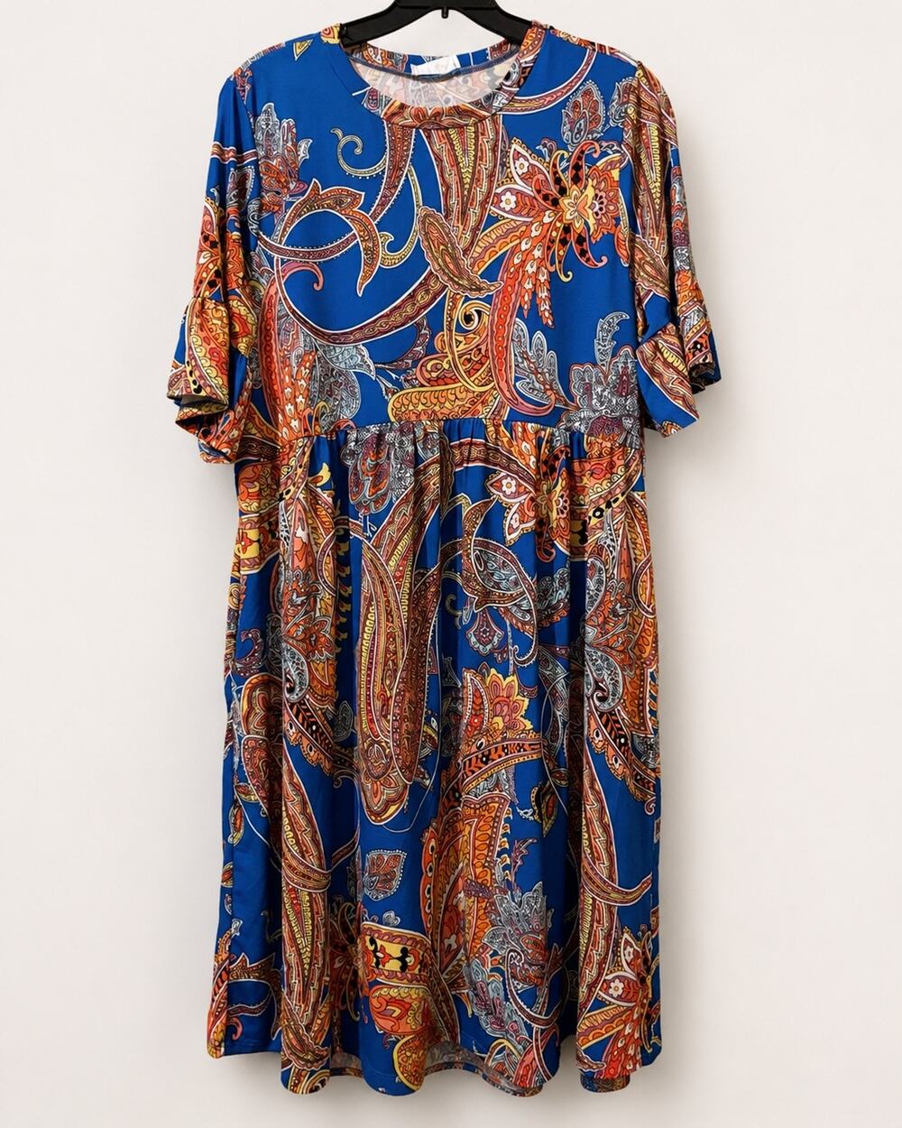 SPLA Women’s L Blue Paisley Boho Midi Dress Flutter Sleeve Empire Waist Pockets